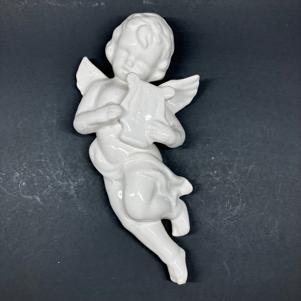 Wall Hanging Cherub Figurine 8.5"‎ White Vintage Lyre Playing Angel Unbranded
